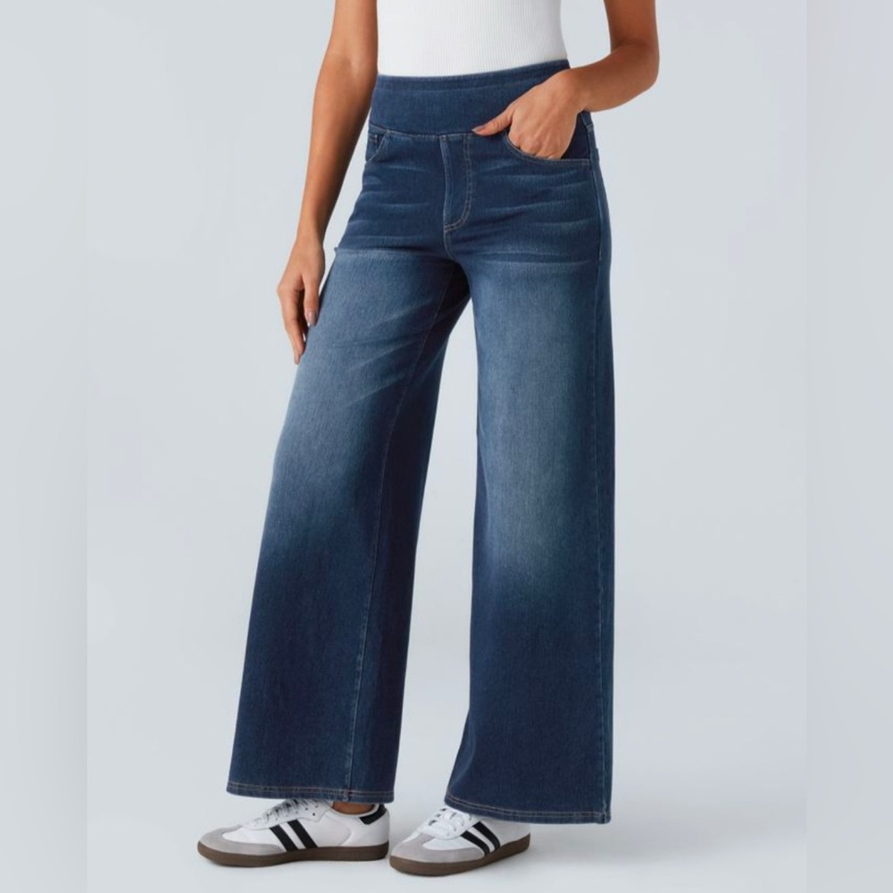 Halara Flex High Waisted Wide Leg Washed Stretchy Knit Casual Jeans